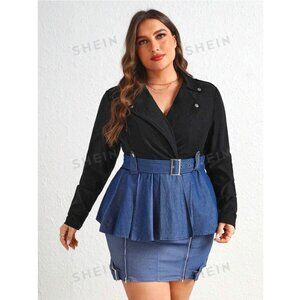 Shein Sylvia Mollie Plus Faux Denim Black Peplum Colorblock Blazer Jacket 12, 0X